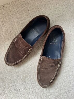 Cole Haan Brown Suede Penny Loafers with Contrast Stitching